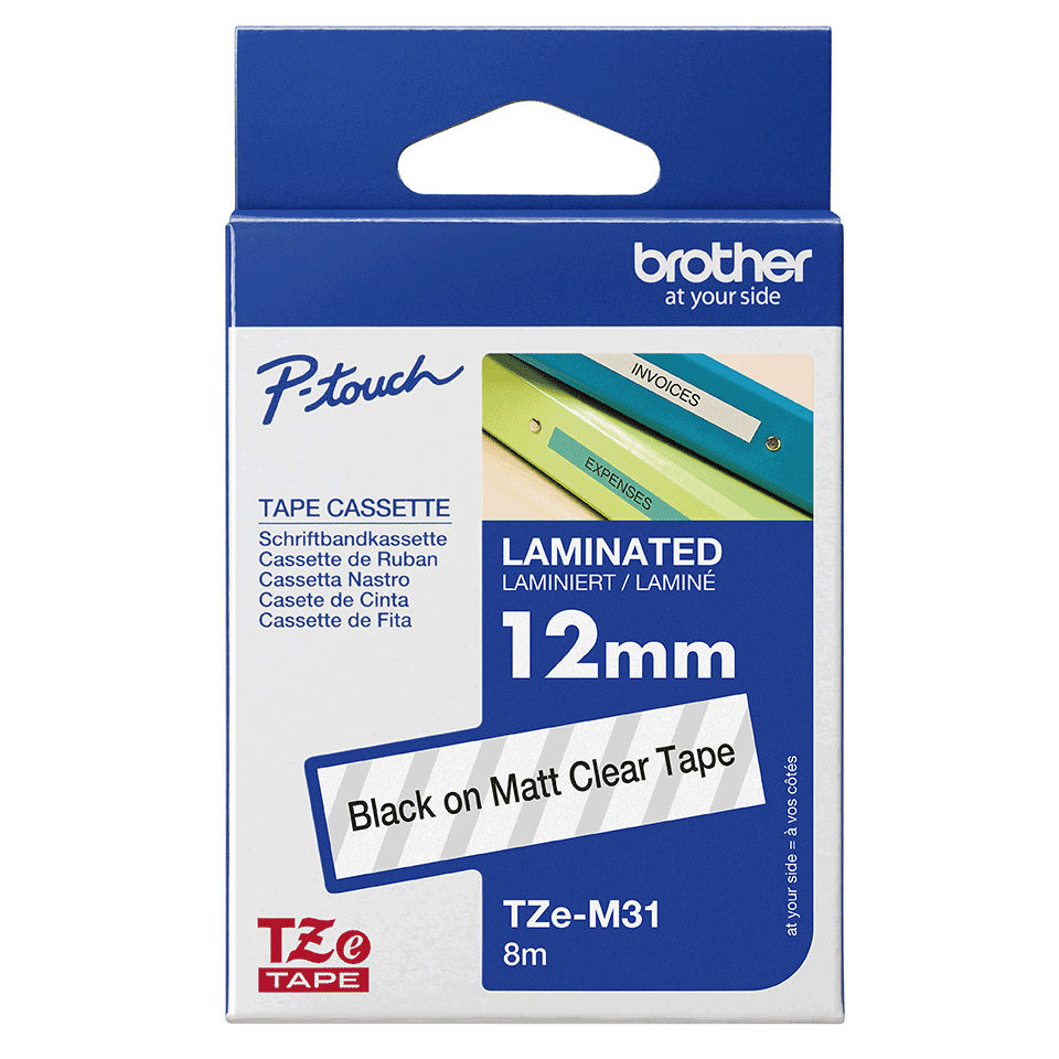 Brother Schriftband TZe-M31 | 12 mm | Schwarz auf Transparent | 8 m