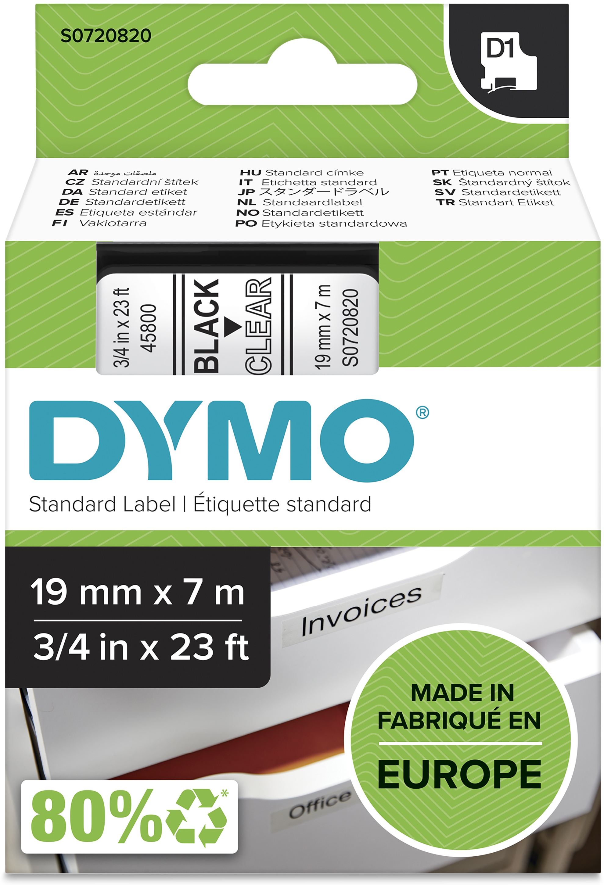 Dymo Schriftband D1 S0720820 | 19 mm | Schwarz auf Transparent | 7 m