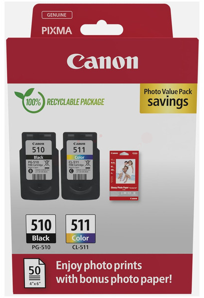2970B017 Canon PG-510/CL-511  schwarz, color Druckköpfe + Fotopapier, 2er-Set
