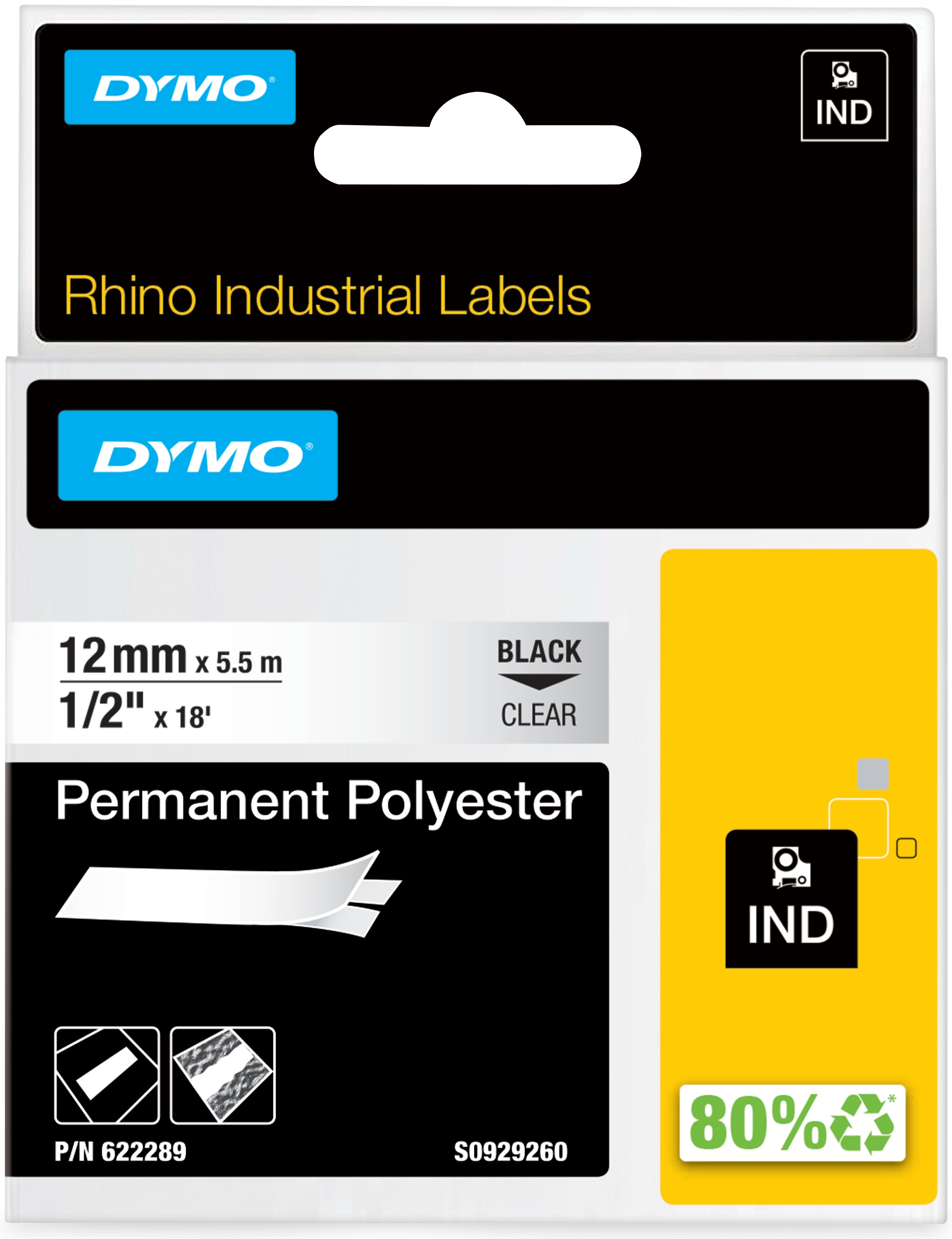 Dymo Schriftband RHINO 622289 | 12 mm | Schwarz auf Transparent | 5.5 m