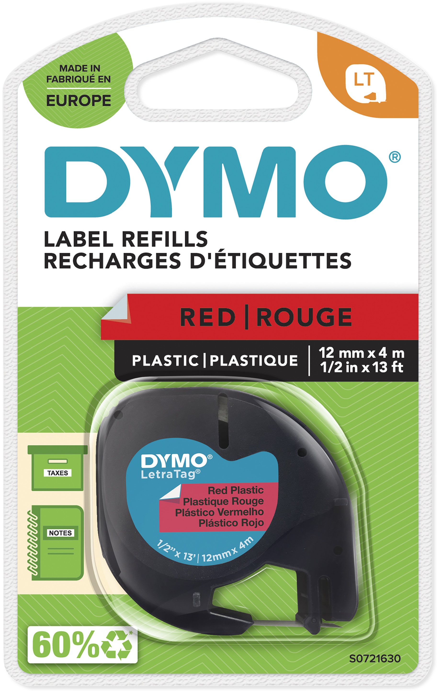 Dymo Schriftband LetraTag 91223 | 12 mm | Schwarz auf Rot | 4 m