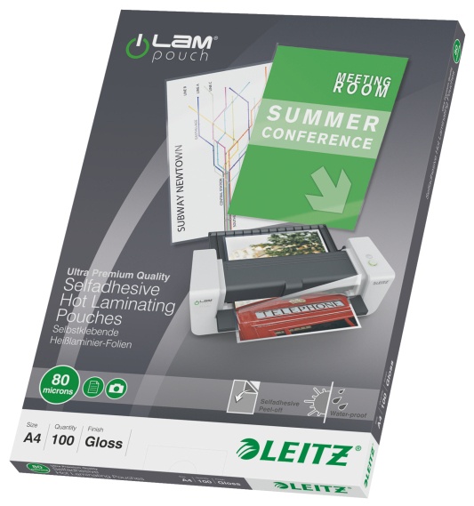 Leitz Laminierfolien A4 | 80 µm | glänzend | 100 Stück | selbstklebend