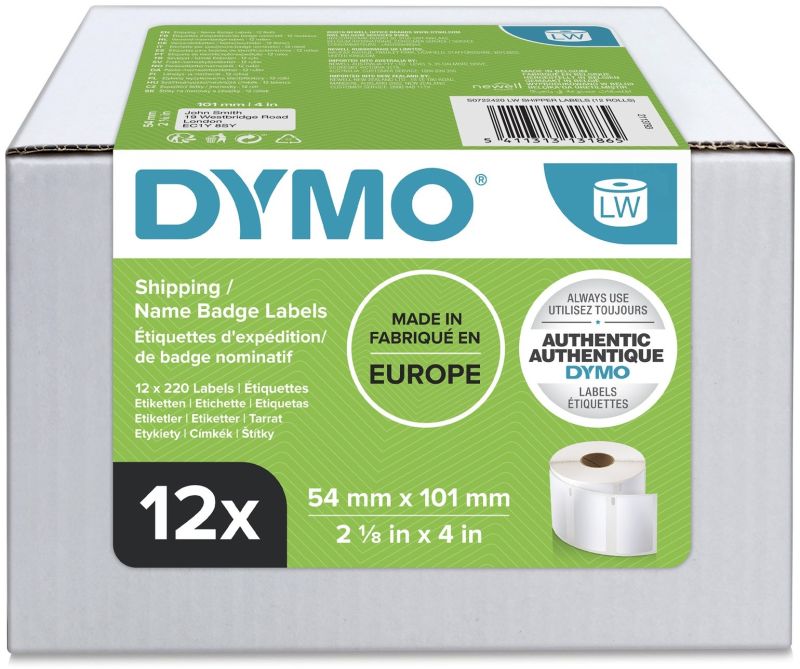 Dymo Etikettenrolle S0722420 (12 Rollen) | 54x101 mm | Weiß | Papier